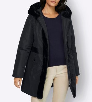 Μακρύ μπουφάν με κουκούλα και υφαντή γούνα Créatio  - fashionworld.gr