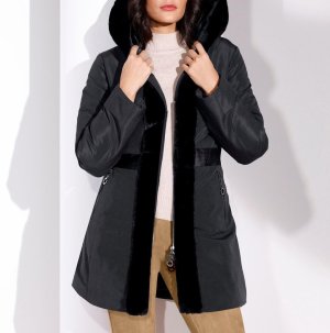 Μακρύ μπουφάν με κουκούλα και υφαντή γούνα Créatio  - fashionworld.gr